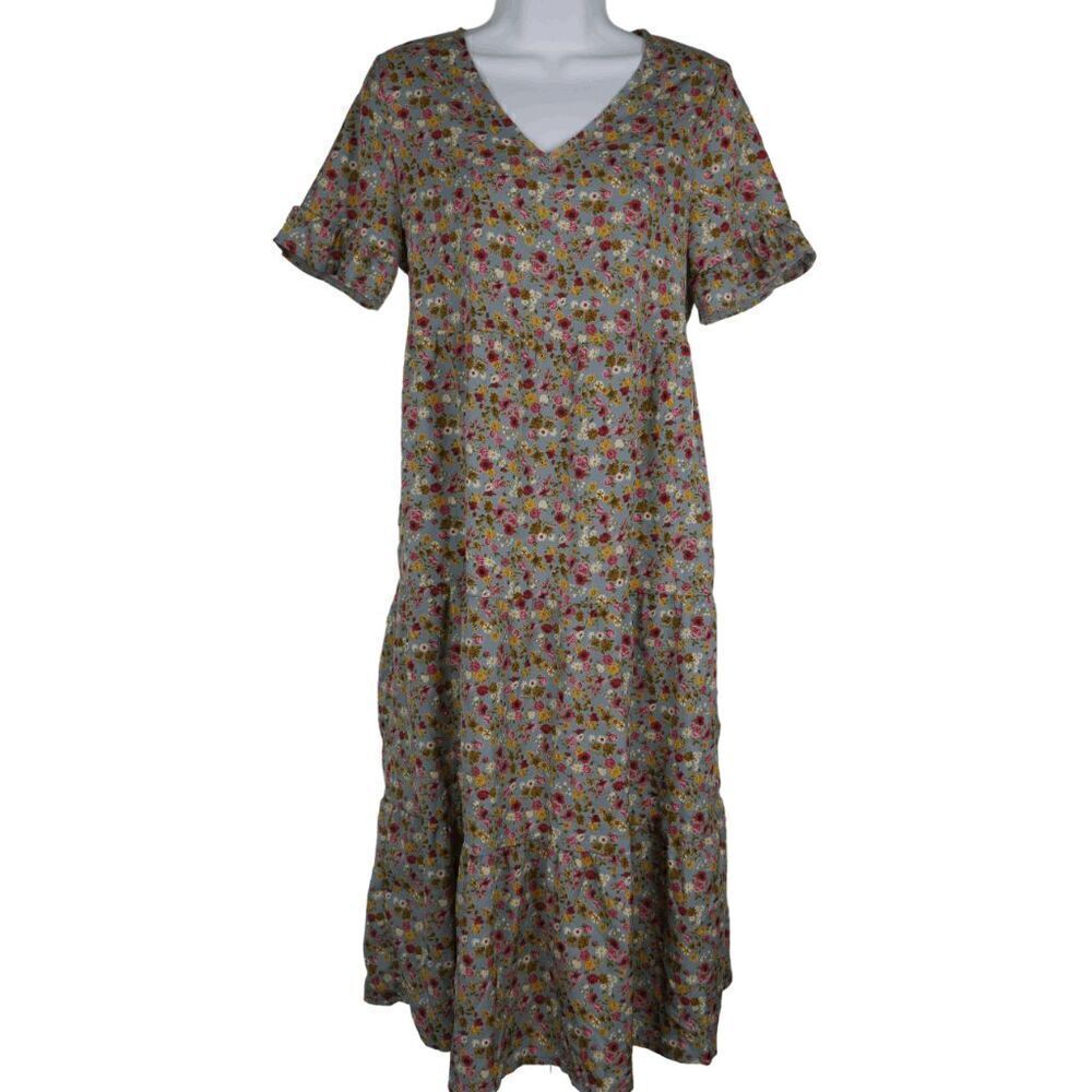 Women's Floral Short Sleeve V-neck Ruffle Sleeve Dress S